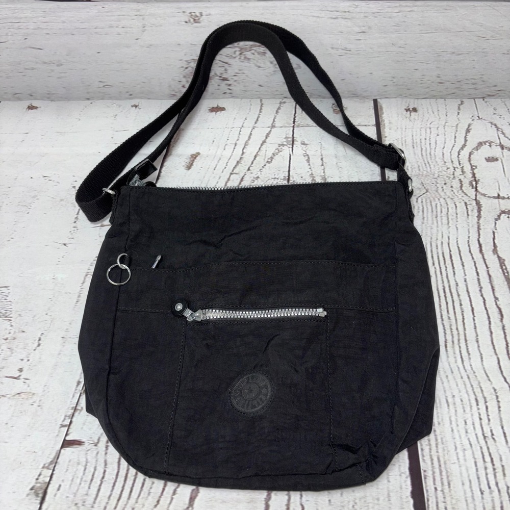 Kipling Black Crinkle Nylon Crossbody Bag Adjustable Strap Multi Pocket Purse